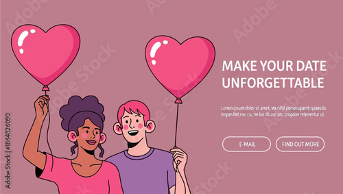 Couple holding heart-shaped balloons on a romantic date, smiling and joyful together