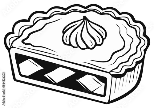 Black and white illustration of a delicious pie with a meringue topping, cut open to reveal the filling
