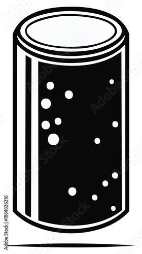 Monochromatic vector art of a carbonated drink can showing refreshing fizz and bubbles