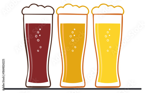Three glasses of beer, stout, lager, pale ale, foam heads, bubbles, vector illustration