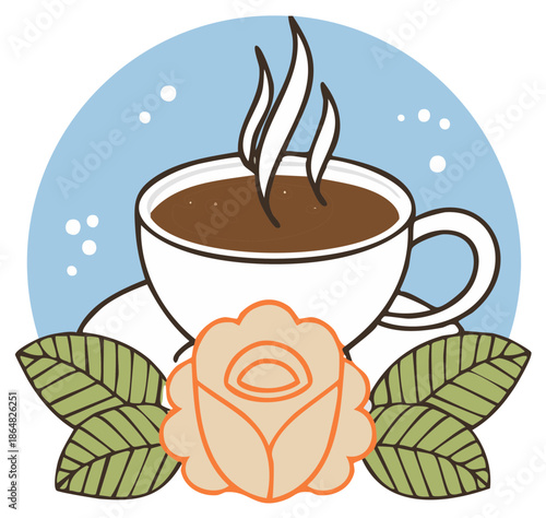 Stylized illustration of a hot cup of coffee or tea with a rose flower