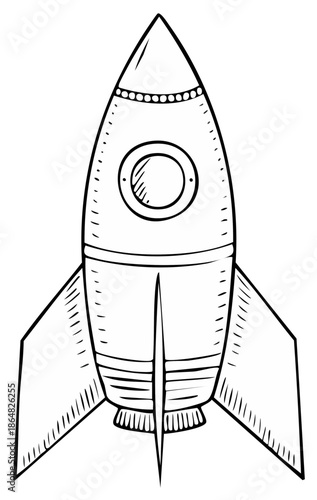 Line Art Illustration of a Cartoon Rocket Ship Ready for Liftoff on a White Background
