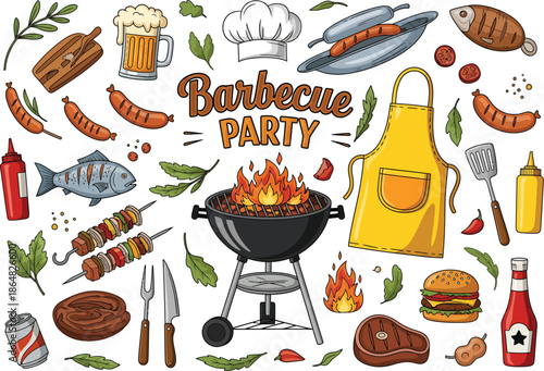 Barbecue party illustration with grilling food and accessories