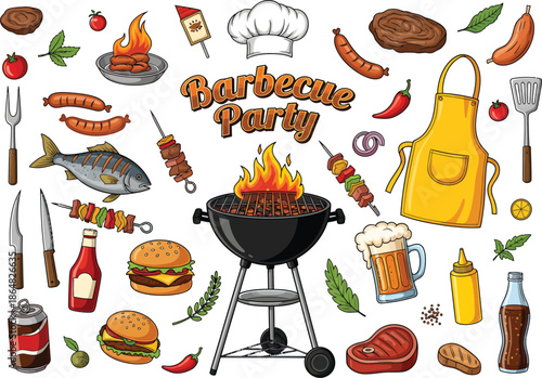 Barbecue party with grilling food and drinks