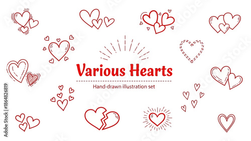 Hand-drawn illustration set of various red hearts on white background viewed from directly above