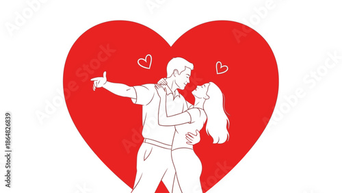 Couple embracing in a loving dance surrounded by hearts from a romantic viewpoint