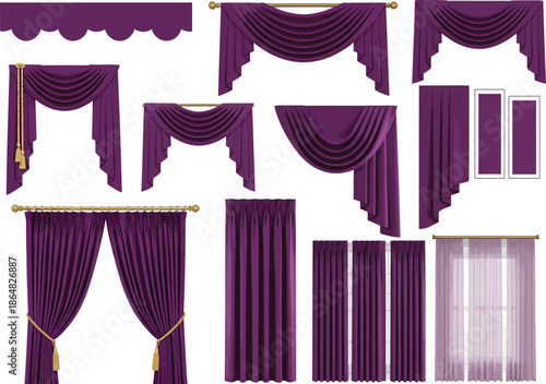 Collection of elegant purple draperies and curtains for window decoration