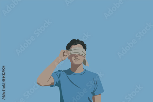 Minimalist flat illustration of a blindfolded man symbolizing uncertainty, ignorance, trust, or lack of awareness. Concept for psychology, decision making, and abstract ideas. Vector illustration.