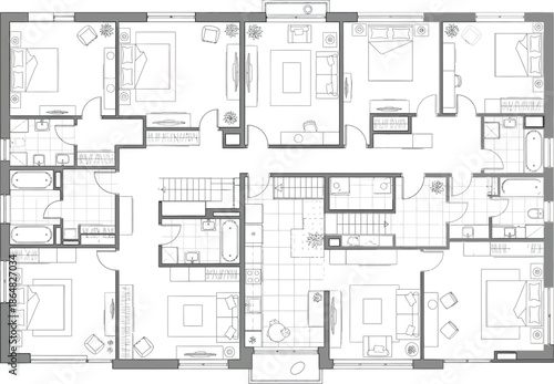 Detailed floor plan of a spacious multi-room apartment with living areas and bedrooms