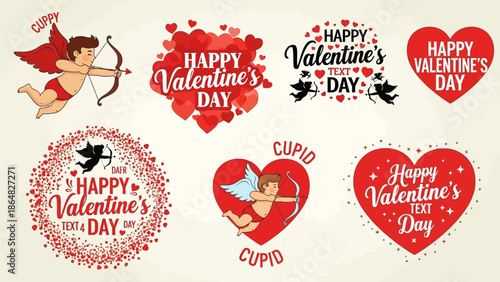 Valentine's Day illustrations featuring Cupid and heart symbols in various designs and layouts