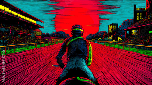 赤い太陽に向かう競走馬とジョッキー