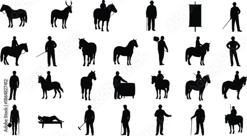 Collection of black silhouettes depicting people and horses in various poses