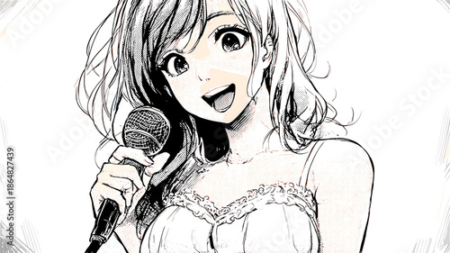 アニメ風の少女がマイクで歌う楽しいイラスト