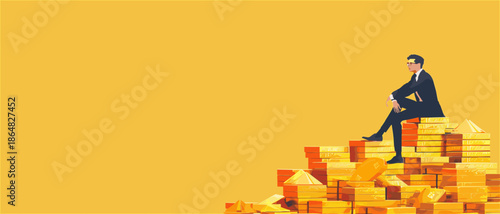 金塊の山に座るビジネスパーソンのシルエットイラスト