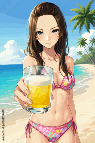 ビーチでグラスを掲げる水着女性のイラスト
