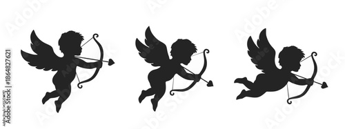 Three black silhouetted cherubs flying with bows and arrows against a white background