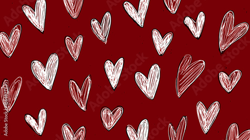 赤と白のハートが散りばめられたイラスト