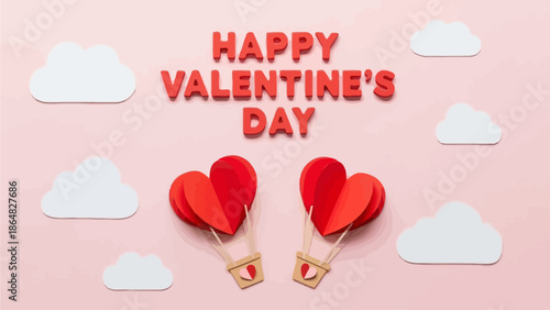 Valentine's Day Celebration with Heart-Shaped Balloons in a Pink Sky