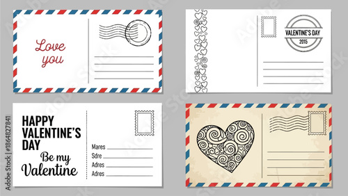 Valentine's Day postcard templates with heart designs and love messages