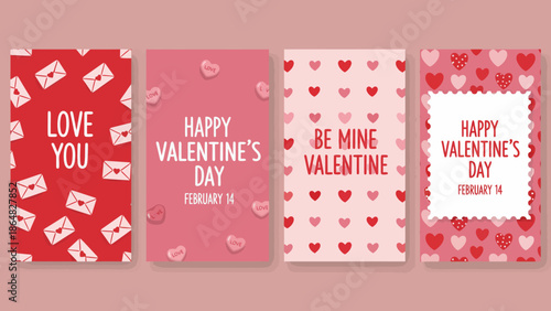 Valentine's Day greeting cards with love messages and hearts on a pink background
