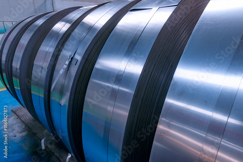 Close up of hot-rolled steel coils and strips, metal sheet industry