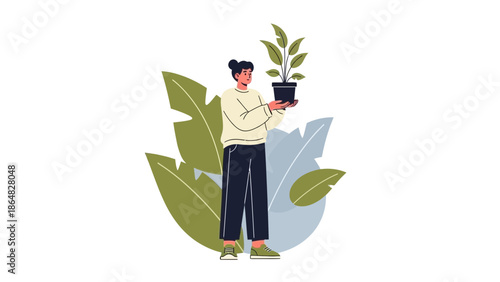 Young woman holding potted plant surrounded by large botanical leaves illustration