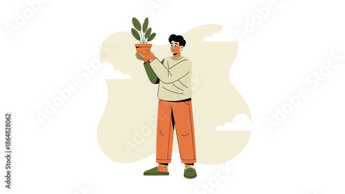 joyful young man holding vibrant green potted plant outdoors with clouds and sky background