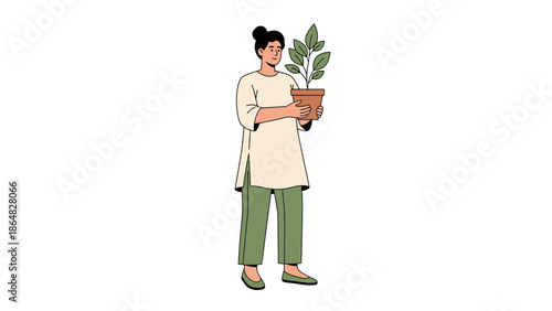 woman holding potted plant with leafy greenery in a minimalistic illustration