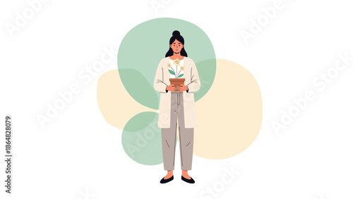 Female scientist holding a plant in her hands, symbolizing growth and environmental research