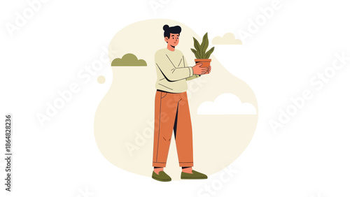 Young man holding potted plant with lush leaves in minimalist outdoor setting for gardening and