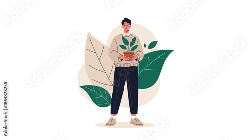 Illustration of a person holding a potted plant amidst large green leaves emphasizing nature and