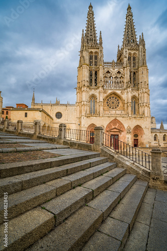 Burgos Cathedral facade showing gothic architecture and historic stairs
