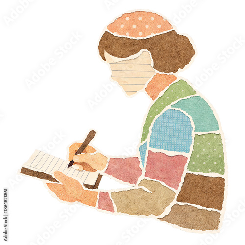 Paper collage illustration of woman writing in notebook