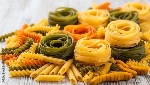 An artistic arrangement showcases a diverse collection of colorful raw pasta varieties on a rustic wooden table.
