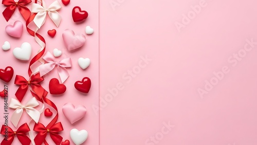 A festive pink background is beautifully adorned with an array of red and pink hearts, bows, and ribbons.