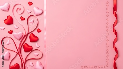 A lovely pink background features delicate red and pink hearts intertwined with a flowing ribbon on the left.