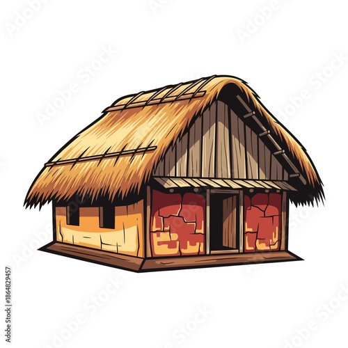 Traditional thatched roof hut with wooden structure