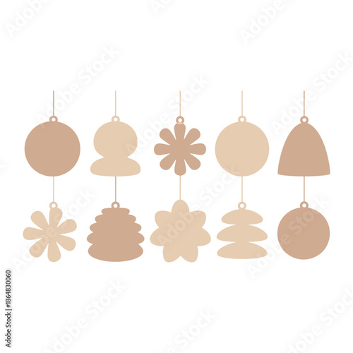 Set of nine beige hanging ornaments with various shapes and a hole at the circle