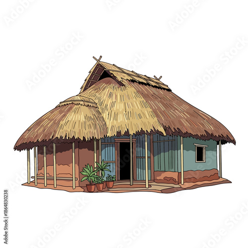 Traditional thatched roof hut with porch and potted plants