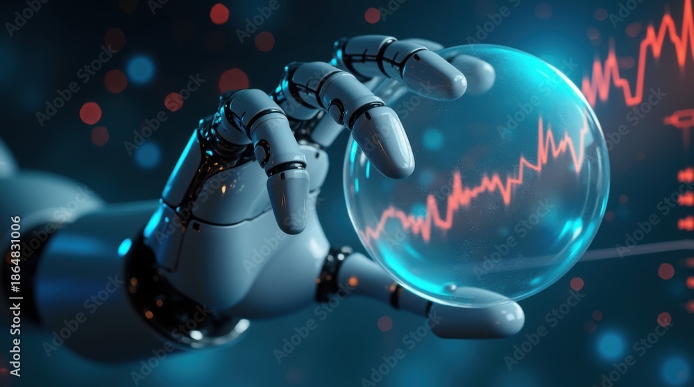 Fototapeta premium A robot hand touching or poking a bubble, symbolizing concerns about the AI technology crisis, a stock market downturn, and a bursting bubble crisis. 