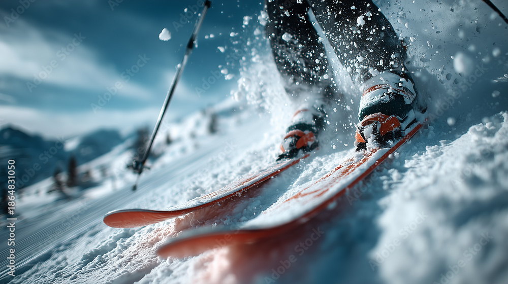 Naklejka premium Dynamic close up of skier descending slope, skis cutting snow, flying powder, dramatic winter mountain landscape