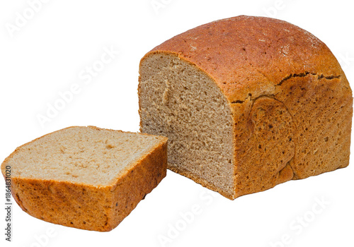 Bild auf Leinwand A loaf of whole grain bread with a slice cut off on a transparent background