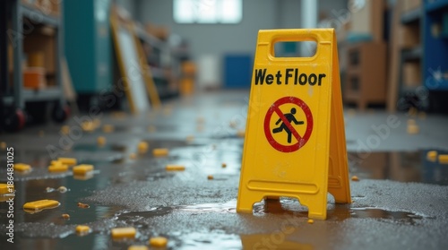A wet floor sign stands upright on a slick surface, surrounded by scattered objects, cautioning of a hazardous area prone to accidents and mishaps. 

