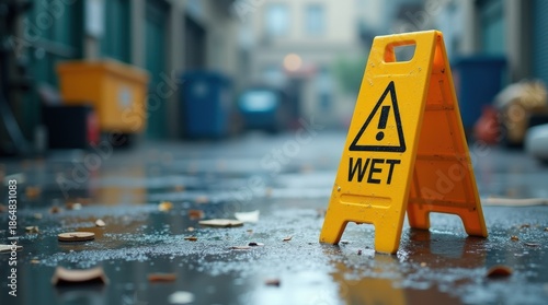 A wet floor sign stands upright on a slick surface, surrounded by scattered objects, cautioning of a hazardous area prone to accidents and mishaps. 
