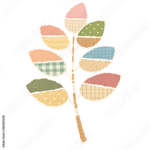 Paper cut style illustration of leafy branch with patterned leaves