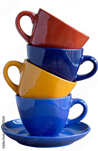 Colorful stack of four coffee cups on transparent background