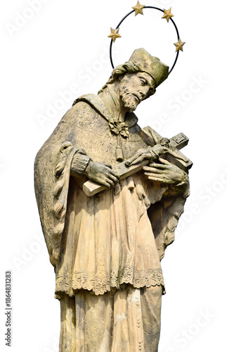 Ancient stone statue of saint john of nepomuk, depicted with a star halo and crucifix isolated on transparent background