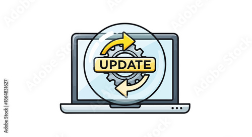 Flat illustration of a laptop with a software update icon on the screen against a clean white background.