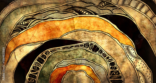 Vintage abstract background with hand drawn ethnic patterns and old paper texture featuring wavy lines and circles