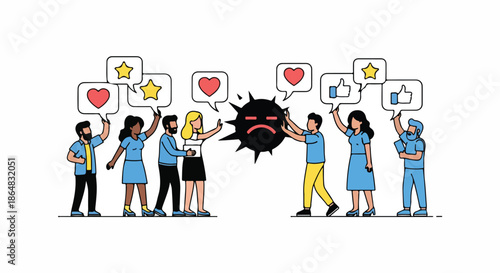 Illustration of diverse people interacting with emoticon symbols and social media icons on a white background with a mix of colorful and black elements.